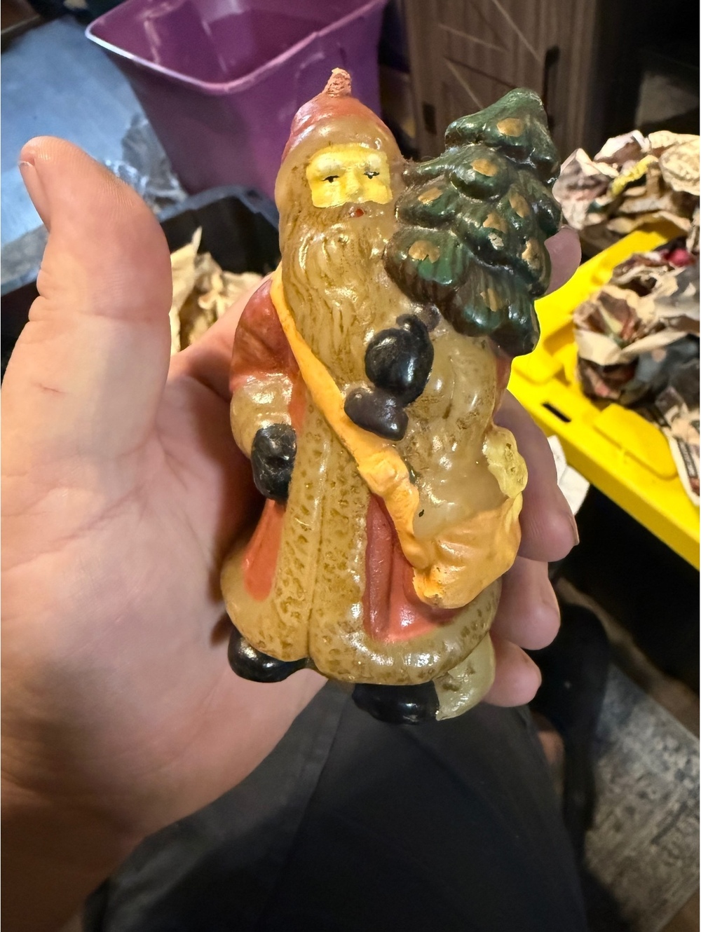 Vintage Santa Claus Candle Figurine Holding Christmas Tree